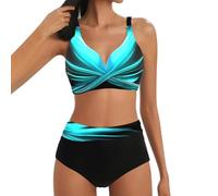 Lazzboy Bikini Damen Set Push Up Zweiteiliger Badeanzug V-Ausschnitt Überkreuztes Streifen Bademode Bauchkontrolle Sets Crossover Bikinioberteil Ruched Bauchweg Große Größen (Himmelblau,L)