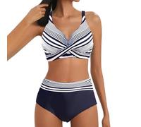 Lazzboy Bikini Damen Set Push Up Zweiteiliger Badeanzug V-Ausschnitt Überkreuztes Streifen Bademode Bauchkontrolle Sets Crossover Bikinioberteil Ruched Bauchweg Große Größen (Dunkelblau,XL)