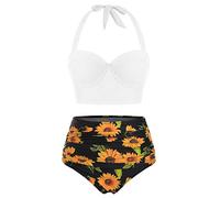 Lazzboy Bikini Set Frauen Blumendruck Crop Tops Mit Hoher Taille + Shorts Zweiteilige Badebekleidung Halfter Tankini Damen Retro Stil Badeanzug(Weiß,S)
