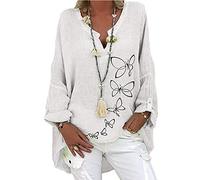 Lazzboy Bluse Plus Size Frauen Langarm Schmetterlingsdruck Lockeres V-Ausschnitt Hemd Top Oberteil Tops Tunika T-Shirt Herbst Und Winter Lose Größen Leinenhemd Oberseiten (Weiß,5XL)