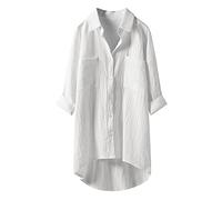 Lazzboy Blusen Damen Langarmshirts Freizeit Leinen Tops Langarm Button Down Shirts Oberteile Hemd Casual Bluse V-Ausschnitt Langarmshirt Tunika Baumwoll-leinenbluse Shirt (Weiß,XXL)
