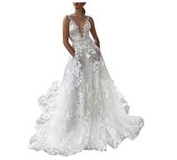 Lazzboy Brautkleider Damen Hochzeitskleider Spitze Strand Brautmode A-Linie Tüll Brautkleid Standesamt Lang Glitzer V-Ausschnitt Trauung Kleid Ärmellos Abendkleider (Weiß,L)