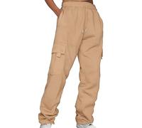 Lazzboy Cargohose Damen Baggy Einfarbig Weite Hose Hip Hop Jogginghose Streetwear Freizeithose Mit Gummizug Oversized Vintage Weites Bein Sweathose Cargo Lange Hosen (Khaki,3XL)
