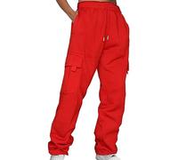 Lazzboy Cargohose Damen Baggy Einfarbig Weite Hose Hip Hop Jogginghose Streetwear Freizeithose Mit Gummizug Oversized Vintage Weites Bein Sweathose Cargo Lange Hosen (Rot,S)