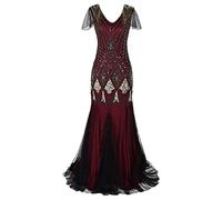 Lazzboy Cocktail Abendkleid Frauen Vintage 1920er Jahre Perle Fransen Pailletten Spitze Party Flapper (2XL,Wein)