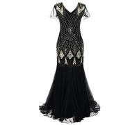 Lazzboy Cocktail Abendkleid Frauen Vintage 1920er Jahre Perle Fransen Pailletten Spitze Party Flapper (2XL,Gold)