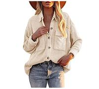 Lazzboy Cordjacke Damen Einfarbige Jacke Mit Tasche Langarm Button Down Hemd Kragenjacke Vintage Herbst Cordhemd Oversize Locker Teenager Windbreaker Knopf Outwear Mantel (Beige,L)