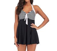 Lazzboy Damen Badeanzug Bauchweg Tankini Größe Bademode Mit Badekleid Schwimmkleid Frauen Plus Size Gestreifte Beachwear Gepolsterte Badebekleidung(Schwarz,3XL)