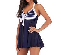 Lazzboy Damen Badeanzug Bauchweg Tankini Größe Bademode Mit Badekleid Schwimmkleid Frauen Plus Size Gestreifte Beachwear Gepolsterte Badebekleidung(Dunkelblau,S)