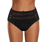 Lazzboy Damen Badeshorts Hohe Taille Bikinihose High Waist Bikini Höschen Plus Size Frauen Geraffte Bottoms Tummy Control Badeanzug Lace Briefs Hosen(Schwarz,2XL)