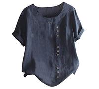 Lazzboy Damen Casual Loose Button Plus Size Täglich Boho Tanic T-Shirt Bluse Tops Sommer Einfarbig Kurzarm Tunika Blusen Leicht Asymmetrisch Shirt(Marine,2XL)
