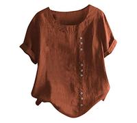 Lazzboy Damen Casual Loose Button Plus Size Täglich Boho Tanic T-Shirt Bluse Tops Sommer Einfarbig Kurzarm Tunika Blusen Leicht Asymmetrisch Shirt(Braun,2XL)