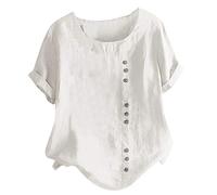Lazzboy Damen Casual Loose Button Plus Size Täglich Boho Tanic T-Shirt Bluse Tops Sommer Einfarbig Kurzarm Tunika Blusen Leicht Asymmetrisch Shirt(Weiß,XL)
