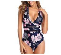 Lazzboy Damen Einteilige Blumen Einfarbig Badeanzug Monokini Verstellbarer Nicht Schultergurt Badeanzüge Falten Bademode Schwimmanzug Frauen Push Up Bandage Bikini Set(Rosa,XL)