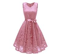 Lazzboy Damen Kleid Sommer Elegant Kleider Spitzenkleid Knielang Festlich Hochzeit Partykleid Rockabilly Retro Cocktailkleid Sommerkleid Ärmellos Großes Lose Langes Dress (T-Rosa,M)