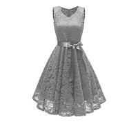 Lazzboy Damen Kleid Sommer Elegant Kleider Spitzenkleid Knielang Festlich Hochzeit Partykleid Rockabilly Retro Cocktailkleid Sommerkleid Ärmellos Großes Lose Langes Dress (T-Grau,M)