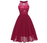 Lazzboy Damen Kleid Sommer Elegant Kleider Spitzenkleid Knielang Festlich Hochzeit Partykleid Rockabilly Retro Cocktailkleid Sommerkleid Ärmellos Großes Lose Langes Dress (S-Wein,S)