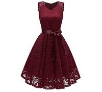 Lazzboy Damen Kleid Sommer Elegant Kleider Spitzenkleid Knielang Festlich Hochzeit Partykleid Rockabilly Retro Cocktailkleid Sommerkleid Ärmellos Großes Lose Langes Dress (T-Wein,L)