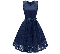 Lazzboy Damen Kleid Sommer Elegant Kleider Spitzenkleid Knielang Festlich Hochzeit Partykleid Rockabilly Retro Cocktailkleid Sommerkleid Ärmellos Großes Lose Langes Dress (T-Marine,L)