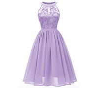Lazzboy Damen Kleid Sommer Elegant Kleider Spitzenkleid Knielang Festlich Hochzeit Partykleid Rockabilly Retro Cocktailkleid Sommerkleid Ärmellos Großes Lose Langes Dress (S-Lila,L)