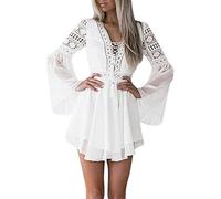 Lazzboy Damen Kleider Frauen Einfarbig V-Ausschnitt Spitze Patchwork Langarm Rückenfrei Party Verband Mini Cocktail Bleistiftkleid Bandage(Weiß,M)