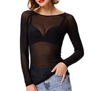 Lazzboy Damen Langarm Pullover, Frauen Langarm Shirt Transparent Tüll Mesh Bluse Body T-Shirt Tunika Tops Schwarz(Schwarz,M)