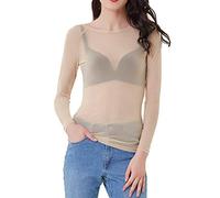 Lazzboy Damen Langarm Pullover, Frauen Langarm Shirt Transparent Tüll Mesh Bluse Body T-Shirt Tunika Tops Schwarz(Khaki,L)