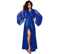Lazzboy Damen Satin Nachtkleid Kimono Robe Nachtwäsche Sleepwear Mit Spitzen Frauen Langes Nachthemd Seide Spitze Dessous Sexy(Blau,2XL)