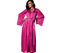 Lazzboy Damen Satin Nachtkleid Kimono Robe Nachtwäsche Sleepwear Mit Spitzen Frauen Langes Nachthemd Seide Spitze Dessous Sexy(Pink,2XL)