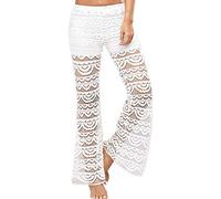 Lazzboy Damen Skinny Hosen Spitze Weite Sport Yogahose Stretch Festliche Elegant Gummibund Schlaghosen Haremshosen(Weiß,40)