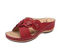 Lazzboy Damen Slippers Blumen Keilabsatz Outdoor Hausschuhe Freizeitschuhe Sandalen Sandaletten Mit Plateau Schuhe Sommer Pantoletten Strand Orthopädische Fussbett Slipper Slides (Rot,36)
