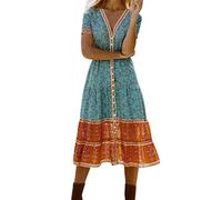 Lazzboy Damen Strandkleid Boho Tunika Sommerkleid V-Ausschnitt Blumenkleid Loose T-Shirt Kleid Floral Minikleid Frauen Urlaub Sommer Lange Maxi Abendparty(Grün,2XL)