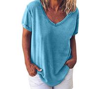 Lazzboy Damen Vneck T-Shirt Kurzarm Solide Bluse Tops Plus Size Leinenblusen Frauen Frühling Sommer Lässige Rundhals Lose Tunika Top Oberteil Hemdbluse Große Größe(Blau,L)