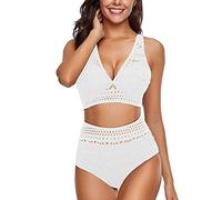 Lazzboy Damen Zweiteilige Häkelspitze Badeanzug Mit Hoher Taille Und V-Ausschnitt Spitze Tankini Bandeau Bikini Sets Zwei Stück Beachwear Gepolstert(Weiß,L)