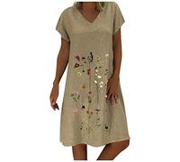 Lazzboy Damenmode Lose Freizeit V-Kragen Kurzarm Damen Leinenkleid Sommer V-Ausschnitt Kleid Boho Sommerkleid Leinen Kleider Strandkleider A-Linie(T-Grau,4XL)