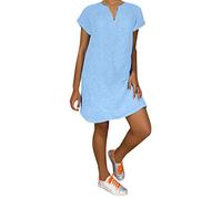 Lazzboy Damenmode Lose Freizeit V-kragen Kurzarm Damen Leinenkleid Sommer V-ausschnitt Kleid Boho Sommerkleid Leinen Kleider Strandkleider A-linie(Blau,2XL)