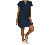 Lazzboy Damenmode Lose Freizeit V-kragen Kurzarm Damen Leinenkleid Sommer V-ausschnitt Kleid Boho Sommerkleid Leinen Kleider Strandkleider A-linie(Marine,L)