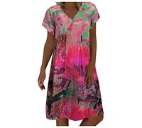 Lazzboy Damenmode Lose Freizeit V-Kragen Kurzarm Damen Leinenkleid Sommer V-Ausschnitt Kleid Boho Sommerkleid Leinen Kleider Strandkleider A-Linie (W-Rosa,M)