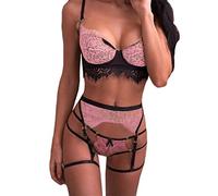 Lazzboy Dessous Frauen Schnüren Sich Reizvolle Bügel Büstenhalter Und Schlüpfer Strumpfband Gesetzte Unterwäsche Babydoll Spitze Reizwäsche Spitzen BH Nachtwäsche(Rosa,S)