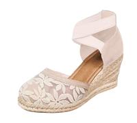 Lazzboy Espadrilles Für Damen Keilabsatz Schuhe Elegant Leder Bequeme Vorne Geschlossen Rutschfeste Elastisch Slingback Sandalen Sommer Lässige Urlaub Reise Sandaletten Mit Riemchen (Beige,39)