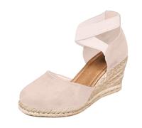 Lazzboy Espadrilles Für Damen Keilabsatz Schuhe Elegant Leder Bequeme Vorne Geschlossen Rutschfeste Elastisch Slingback Sandalen Sommer Lässige Urlaub Reise Sandaletten Mit Riemchen (Khaki,36)