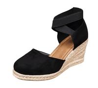 Lazzboy Espadrilles Für Damen Keilabsatz Schuhe Elegant Leder Bequeme Vorne Geschlossen Rutschfeste Elastisch Slingback Sandalen Sommer Lässige Urlaub Reise Sandaletten Mit Riemchen (Schwarz,37)