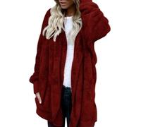 Lazzboy Fleecejacke Damen Lange Dicke Gefüttert Teddyfleece Jacke Mit Kapuze Teddyjacke Flauschig Plüschjacke Reißverschluss Und Taschen Kuscheljacke Winterjacke Cardigan Outwear (Rot,3XL)