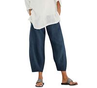 Lazzboy Frauen Beiläufige Feste Baumwollhosen Hosen Gummiband Breite Beinhosen Damen Leinenhose 7/8 Sommerhosen Leicht Mit Elastischem Bund Casual Loose Fit Trousers(Marine,L)