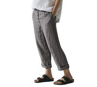 Lazzboy Frauen Beiläufige Feste Hosen Knopf Lose Breite Bein Damen Streifen Hose Hohen Taille Lange Pants Strand Haremshose Freizeithose Weite Patchwark Elastischer Bund(Grau,S)