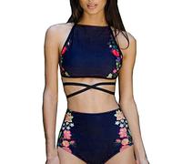 Lazzboy Frauen Bikini Set Bademode Push-up Gepolsterte Print BH Badeanzug Beachwear Damen Hochgeschlossener Zweiteiler Kreuz Rücken Sets Mit Muster(Blau,S)