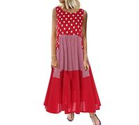 Lazzboy Frauen Bohe Druck Kleid Oansatz Maxi Damen Retro Rockabilly ärmellos Maxikleider Fließende Leicht Sommerkleid Lässige Kleidung Abendkleid Frauenkleid Strand Swing(Rot,5XL)