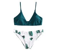 Lazzboy Frauen Drucken Push-up Gepolsterte BH Beach Bikini Set Badeanzug Beachwear Bademode Damen Gepolsterter Mit Blatt Pattern Zweiteilig(Grün,L)