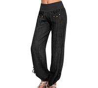 Lazzboy Frauen Feste Knöpfe Baumwolle Und Leinen Beiläufige Lose Hosen Weites Bein Pumphose Pluderhose Ballonhose Aladinhose Harem Hose Sommerhose(X-Schwarz,2XL)