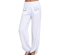 Lazzboy Frauen Feste Knöpfe Baumwolle Und Leinen Beiläufige Lose Hosen Weites Bein Pumphose Pluderhose Ballonhose Aladinhose Harem Hose Sommerhose(Weiß,S)